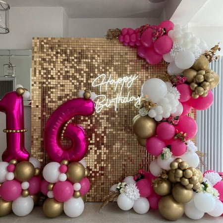 Sequin Wall Hire with Balloon Arch, LED Happy Birthday Sign and Number Columns Ruislip I My Dream Party Shop