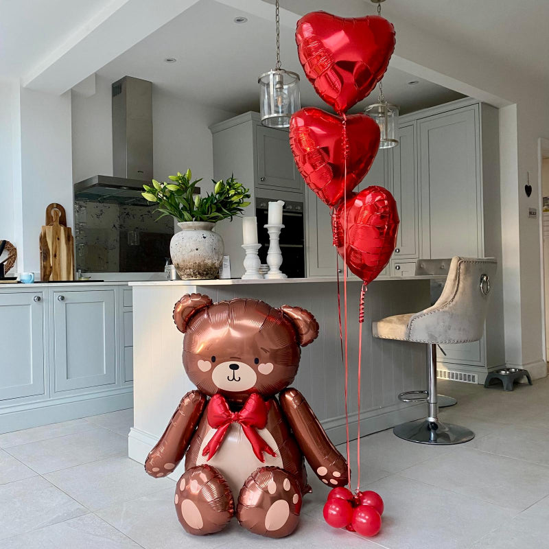 Brown Teddy Bear and Trio of Red Helium Heart Balloons I Valentine's Day Balloons Ruislip
