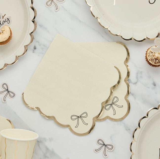 Cream Bow Napkins with Gold Scalloped Border I Cream Birthday Party Tableware I My Dream Party Shop