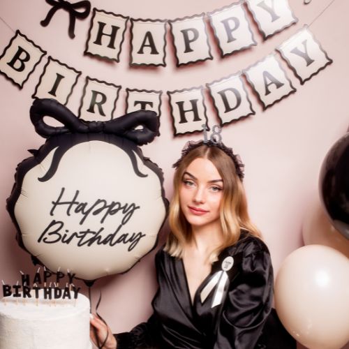 Cream and Black Happy Birthday and Bow Garland I Cream Party Supplies I My Dream Party Shop