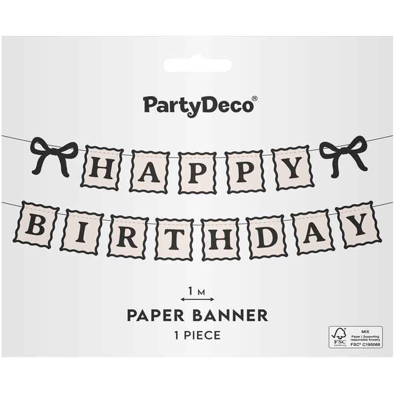 Cream Happy Birthday and Bow Garland I Cream and Black Birthday Decorations I My Dream Party Shop