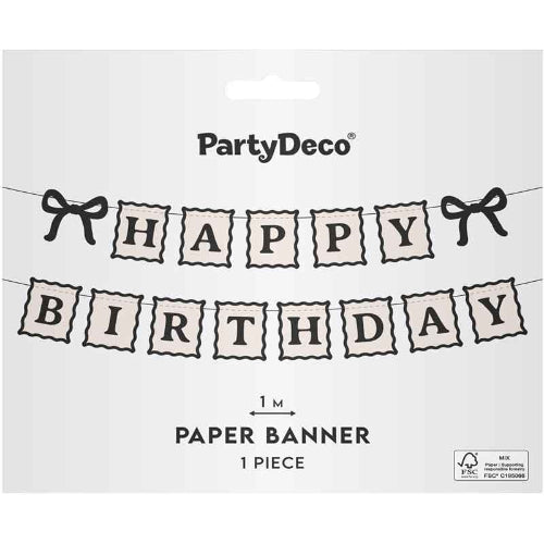Cream Happy Birthday and Bow Garland I Cream and Black Birthday Decorations I My Dream Party Shop