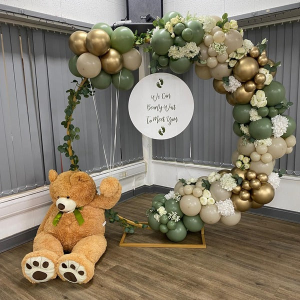 Eucalyptus Green, Gold and Taupe Teddy Bear Balloon Arch I Baby Shower Balloons Ruislip I My Dream Party Shop
