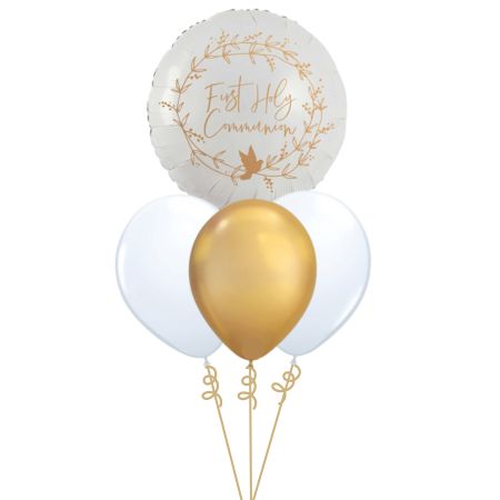 White and Gold First Holy Communion Balloon Bouquets (Helium Inflated For Collection)