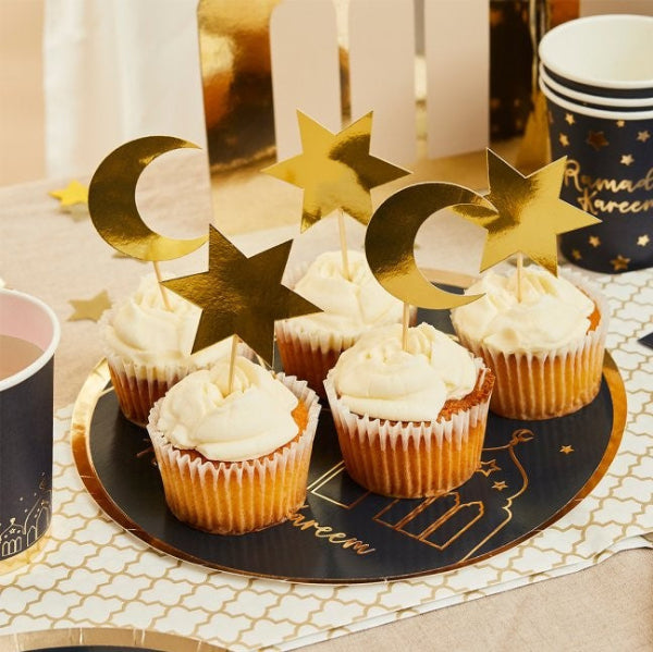 Gold Moon and Star Cake Picks I EID Party Decorations I My Dream Party Shop UK