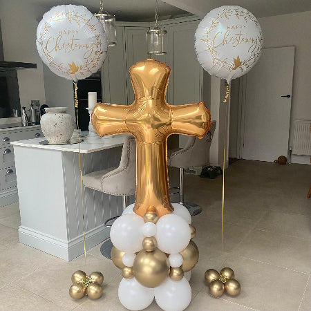 Gold and White Cross Christening Balloon Column I Christening Balloon Displays Ruislip I My Dream Party Shop