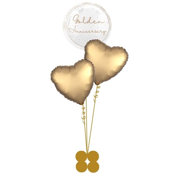 Helium Inflated Golden Anniversary and Gold Heart Balloon Bouquet I My Dream Party Shop Ruislip