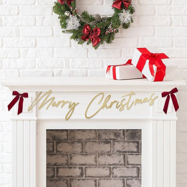 Gold Merry Christmas Garland With Red Bows I Christmas Decorations I My Dream Party Shop
