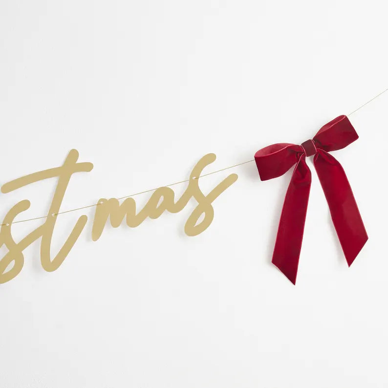 Gold Merry Christmas Banner With Velvet Red Bows I Christmas Decorations I My Dream Party Shop