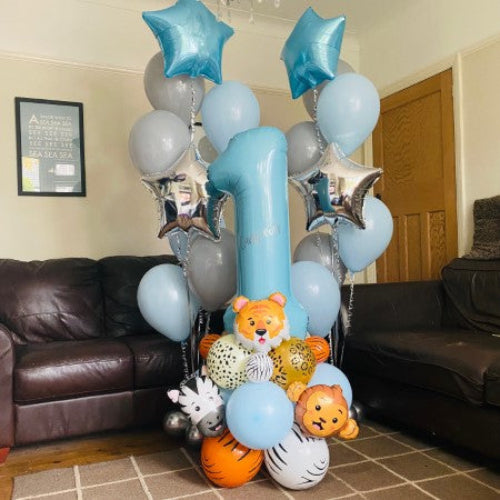 Pastel Blue Jungle Balloon Number Column and Matching Bouquets I Collection Ruislip