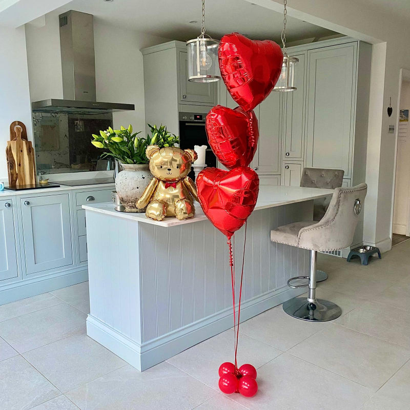 Gold Teddy Bear & Trio of Red Heart Helium Balloons I Valentine's Day Balloons Ruislip