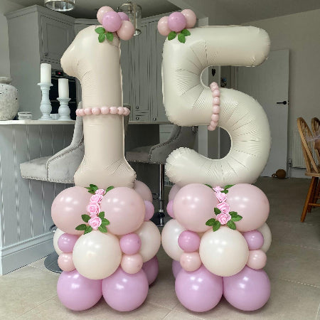 Pastel Dusky Pink and Cream 15th Birthday Balloon Number Columns I My Dream Party Shop Ruislip