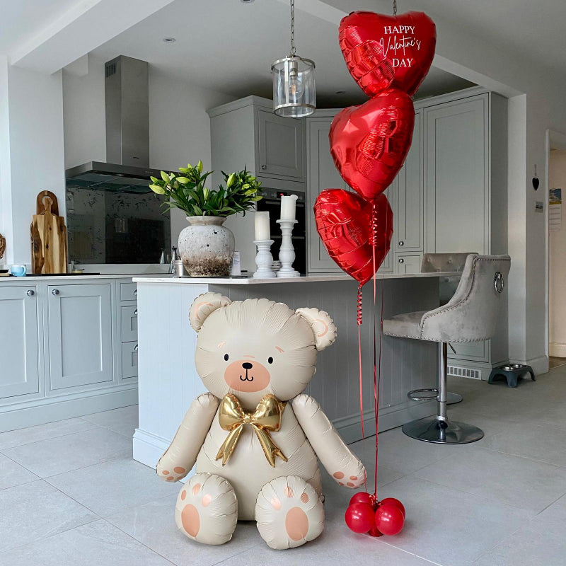 Cream Teddy Bear and Personalised Red Heart Trio Helium Balloons I Valentine's Day Balloons Ruislip