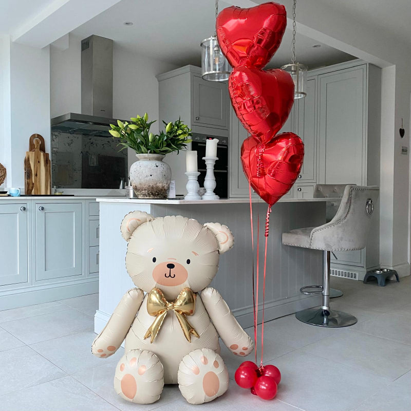 Cream Teddy Bear and Trio of Red Heart Helium Balloon Collection Ruislip I Valentine's Day Balloons