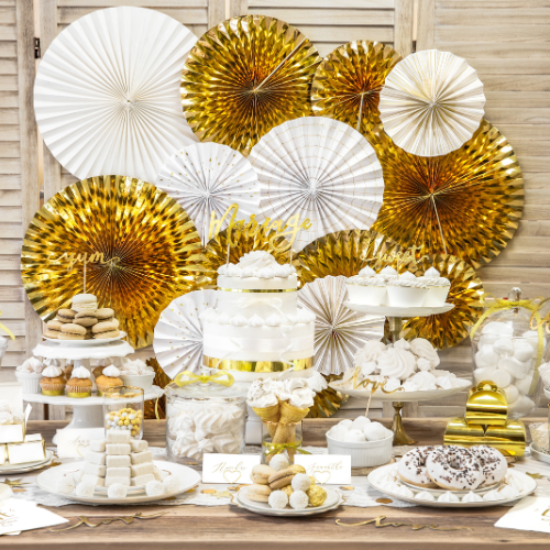 White and Gold Paper Rosette Fan Decorations I Gold Party Decorations I My Dream Party Shop UK