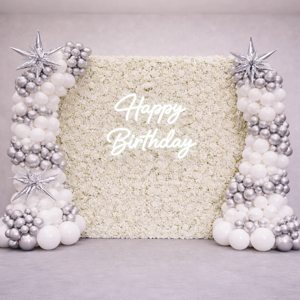 White and Silver Balloon Arches around A White Flower Wall I Flower Wall Hire Ruislip I My Dream Party Shop