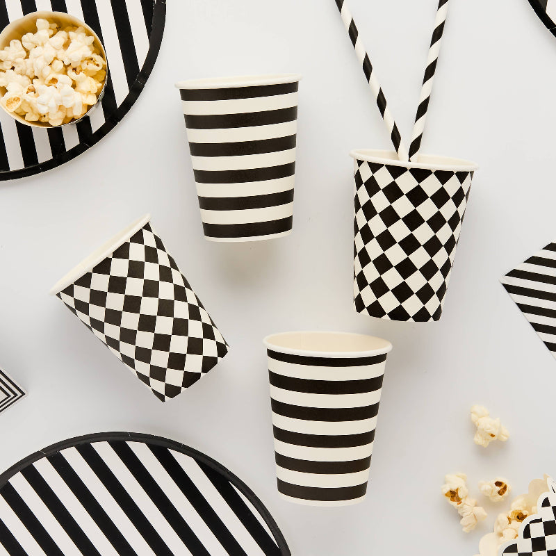 Black and White Striped and Harlequin Cups I Monochrome Party Supplies I My Dream Party Shop