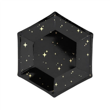 Black Hexagonal Paper Plates with Gold Stars I Black and Gold Party Decorations I UK