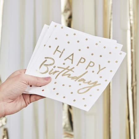 White and Gold Happy Birthday Napkins I Modern Birthday Party Supplies I My Dream Party Shop UK