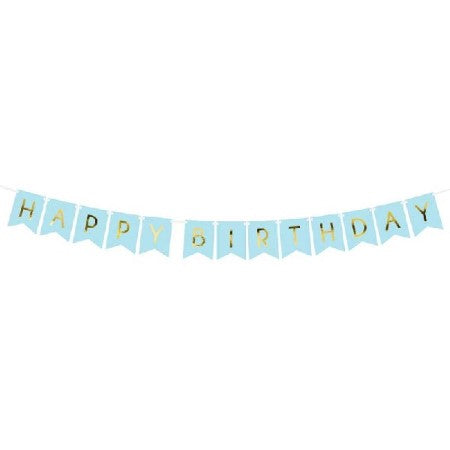 Pastel Blue and Gold Foiled Happy Birthday Bunting Banner