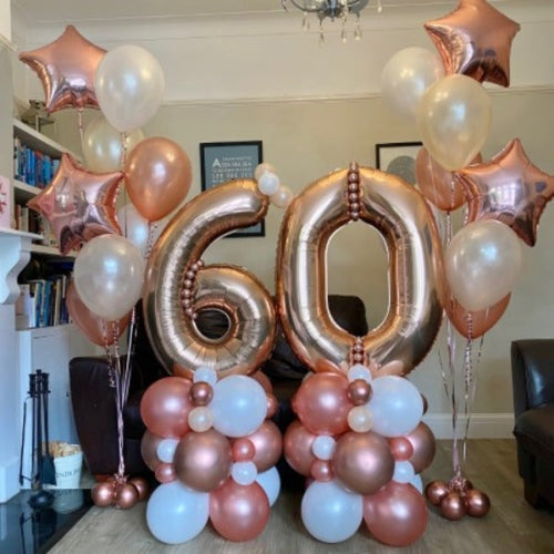 Rose Gold 60th Balloon Number Columns and 2 Helium Balloon Bouquets I Balloon Packages Ruislip