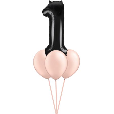 3 Balloons Underneath a Black Helium Number Balloon 