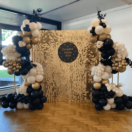 Black and Gold Balloon Arches with Gold Sequin Wall I Balloons for Business Ruislip I My Dream Party Shop