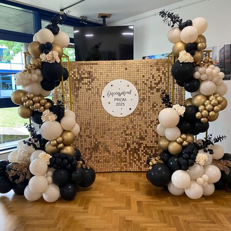 Black and Gold Balloon Arches and Sequin Wall I My Dream Party Shop Ruislip