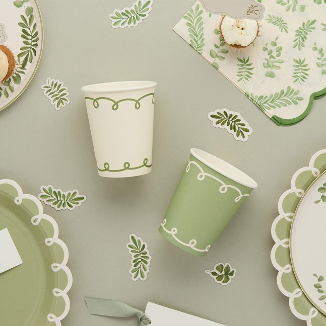 Botanical Green and Cream Party Cups I Botanical Party Tableware I My Dream Party Shop UK