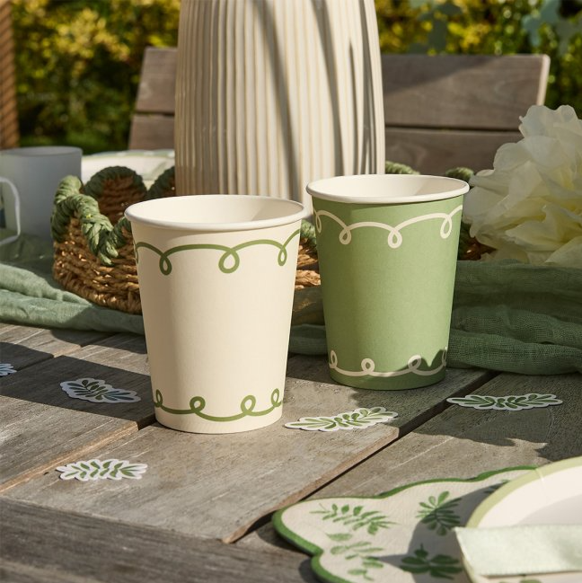 Sage Green and Cream Party Cups I Botanical Party Tableware I My Dream Party Shop UK