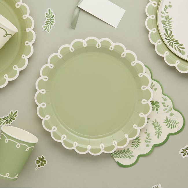 Botanical Party Sage Green Plates with Scalloped Edge I My Dream Party Shop UK