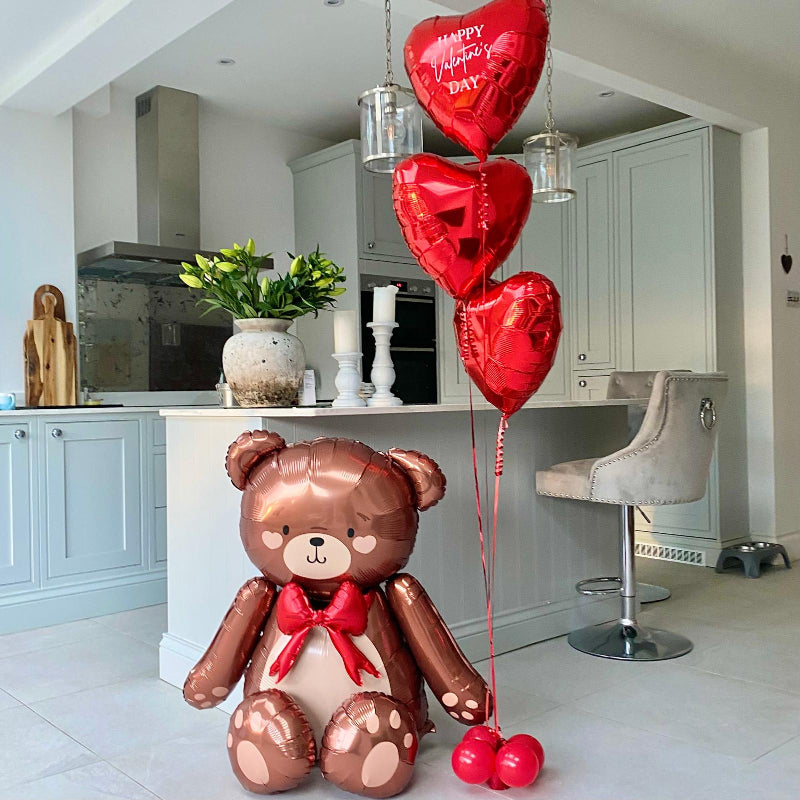 Brown Teddy Bear and Trio of Personalised Helium Heart Balloons I Valentine's Day Balloons Ruislip