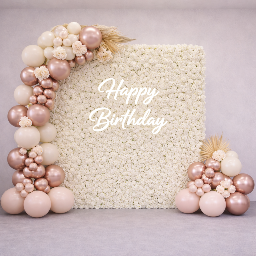 Rose Gold Balloon Arch with White Flower Wall I Flower Wall Hire Ruislip I My Dream Party Shop