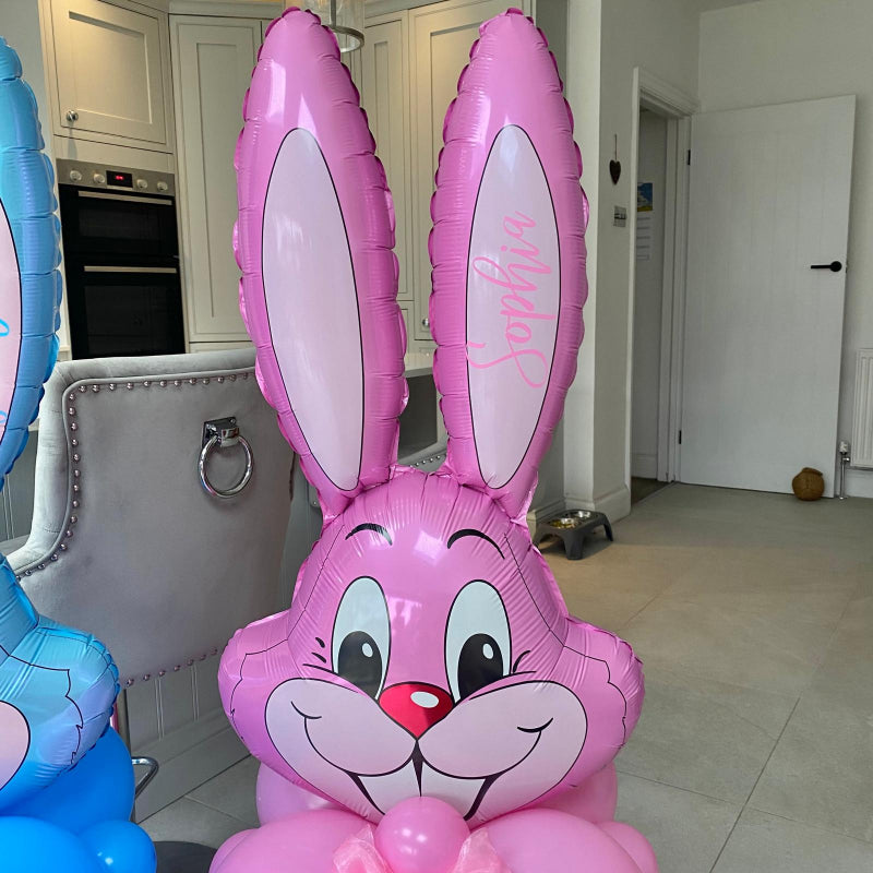 Close up of Personalised Pink Easter Bunny Head Balloon Column I Easter Balloon Gifts Ruislip