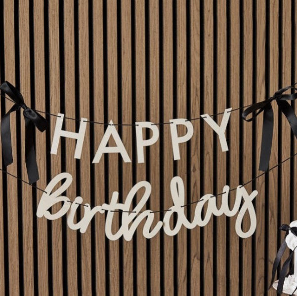 Cream and Black Bow Happy Birthday Garland I Cream Party Decorations I My Dream Party Shop 