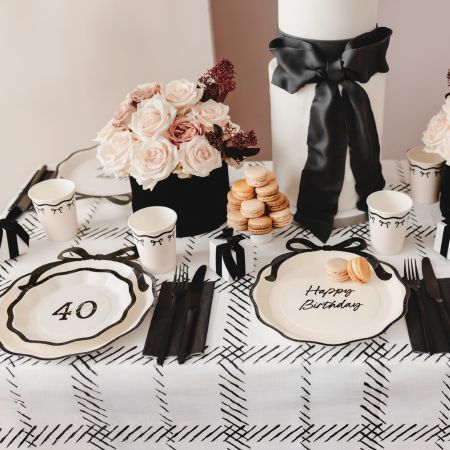 Black and Cream Bow Happy Birthday Plates I Bow Party Supplies I My Dream Party Shop UK