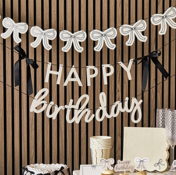Cream Happy Birthday Garland with Black Satin Bows I Bow Party Decorations I My Dream Party Shop 