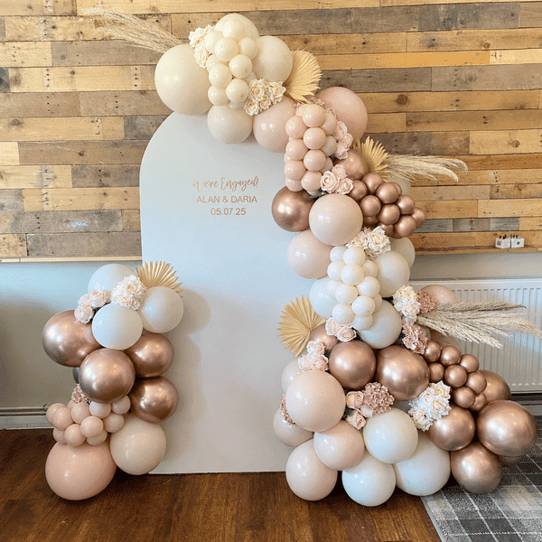 Neutral and Rose Gold Engagement Balloon Arch Backdrop I Engagement Balloons Ruislip I My Dream Party Shop