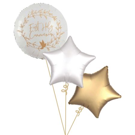 White and Gold First Holy Communion Balloon Bouquets (Helium Inflated For Collection)