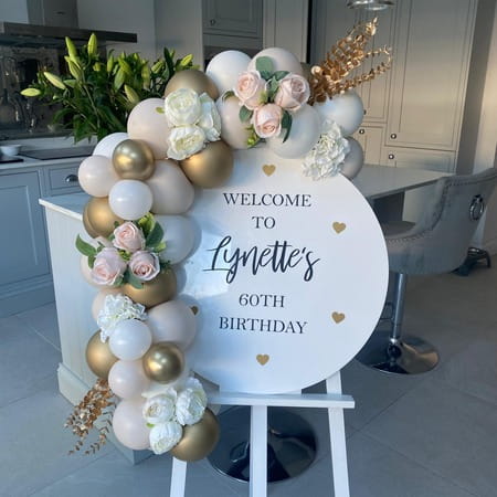 Gold, White and Cream Mini Balloon Arch Welcome Sign for 60th Birthday I My Dream Party Shop Ruislip