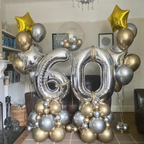 Silver 60th Balloon Number Columns and Matching Helium Balloon Bouquets I Collection Ruislip