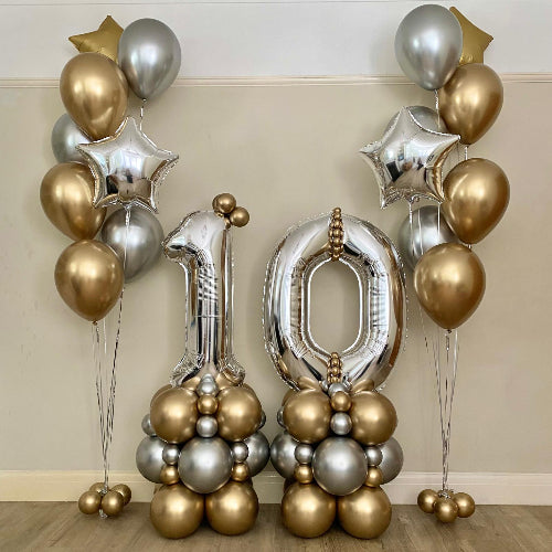 Gold and Silver Number 10 Balloon Columns and Matching Helium Balloon Bouquets Package I My Dream Party Shop Ruislip
