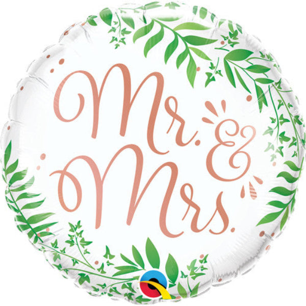 White Balloon with Rose Gold Mr and Mrs and Green Leaves I Botanical Wedding Decorations I UK