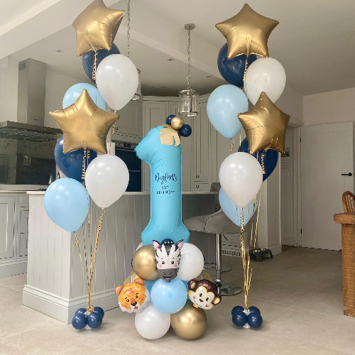 Blue and Gold Jungle Themed Balloon Number Column and Matching Bouquets I Collection Ruislip