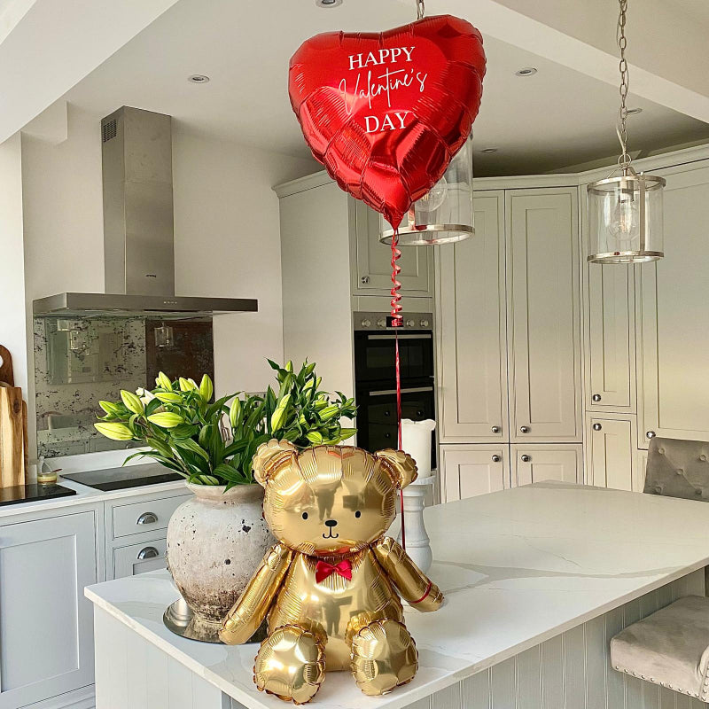 Gold Teddy Bear &amp; 1 Red Personalised Heart Helium Balloon I Valentine's Day Helium Balloons Ruislip