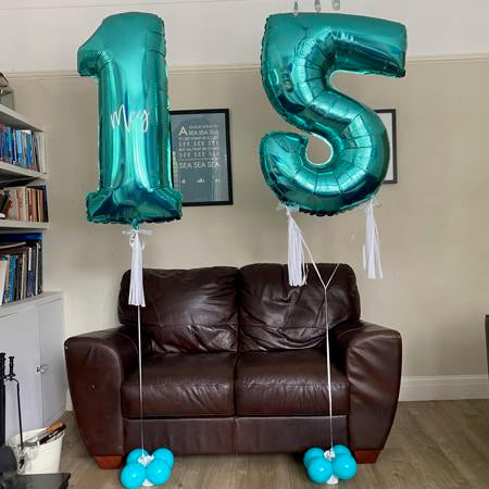 Personalised Tiffany Blue Number Helium Balloons with Tassels I My Dream Party Shop Ruislip