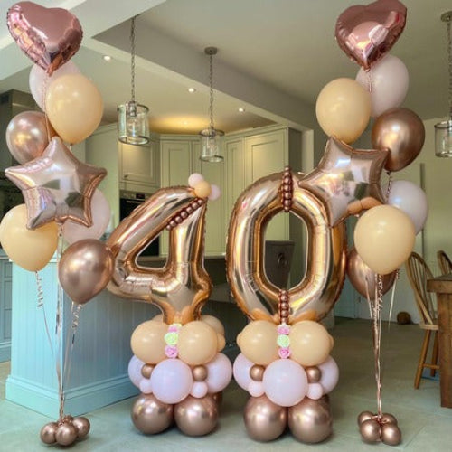 Rose Gold 40th Balloon Number Columns and Matching Helium Balloon Bouquets I Collection Ruislip