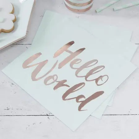 Mint and Rose Gold Hello World Napkins I New Baby Party Supplies I My Dream Party Shop UK