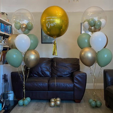 Sage Green and Gold Personalised 60th Birthday Bubble Balloon Bouquets I My Dream Party Shop