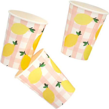 Sicilian Lemon and Pink Gingham Party Cups I Lemon Party Supplies I My Dream Party Shop UK